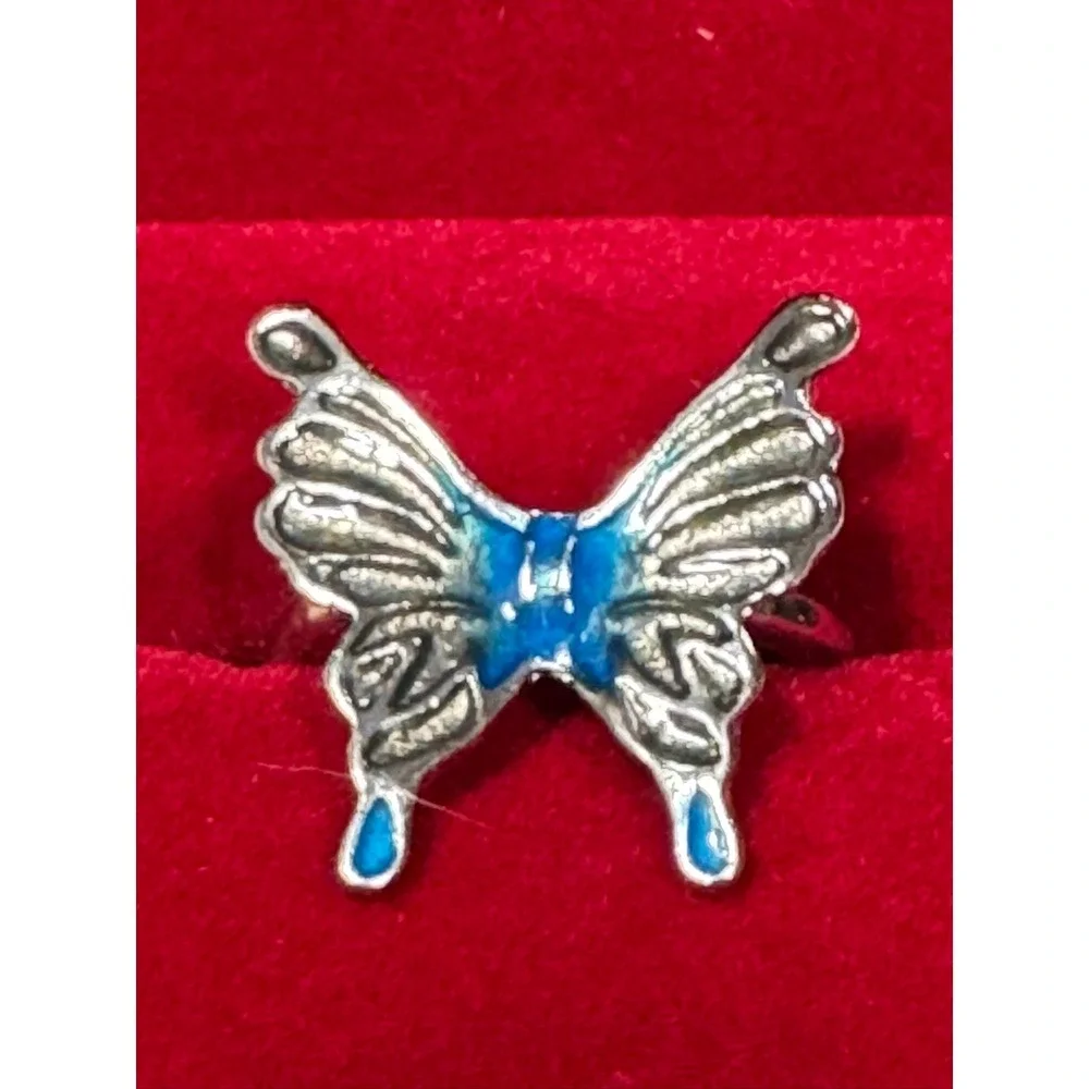 Silver Tone Blue Enamel Butterfly Statement Ring Adjustable Size 5.25 Y2K Style
